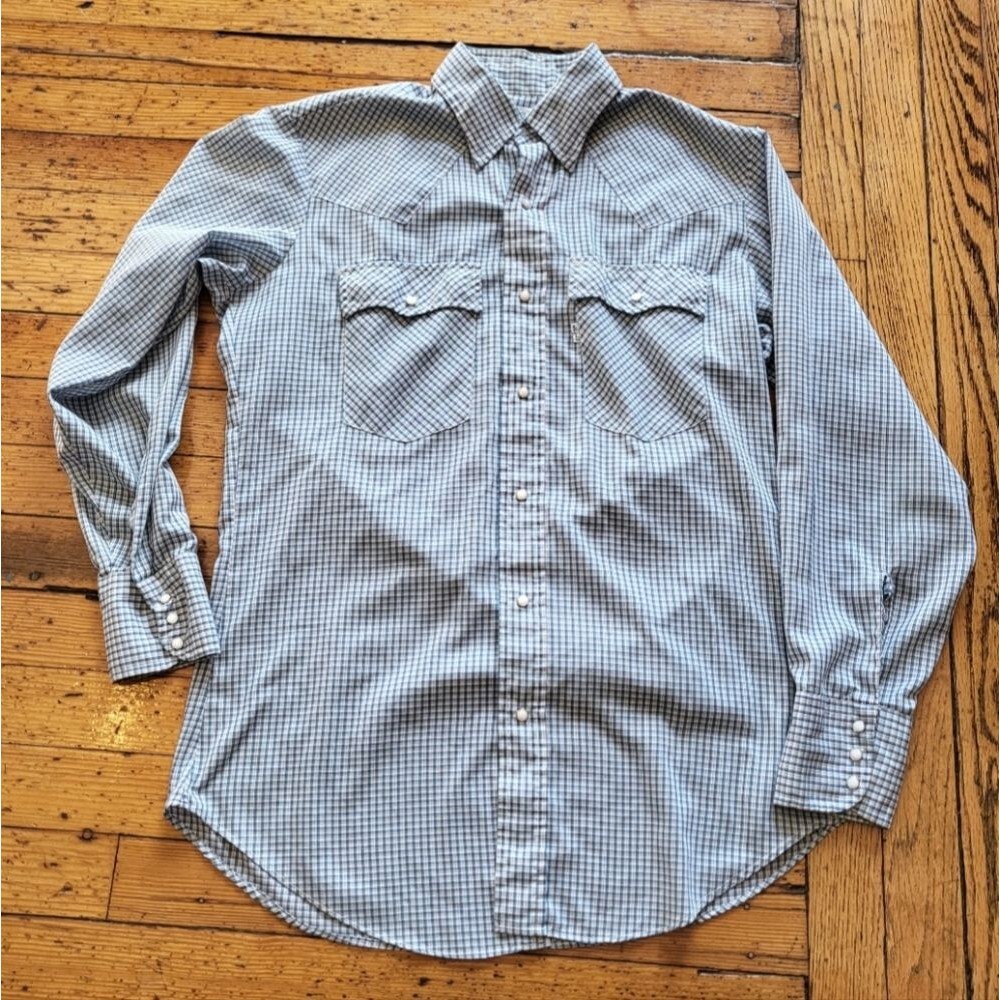 Levi Strauss & Co Vintage 1970s Pearl Snap Button Down Shirt Blue Plaid Size Med
